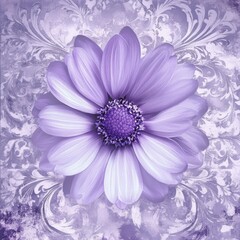 Obraz premium A purple flower with a white center is the main focus of the image. The flower is surrounded by a patterned background, which adds a sense of depth and interest to the composition