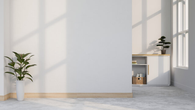 The interior design of a minimalist white empty room or home hallway features an empty white wall.