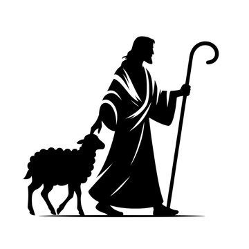 Vector silhouette of Jesus Christ holding a staff and guiding a sheep - Isolated design on transparent background - Concept of guidance and protection