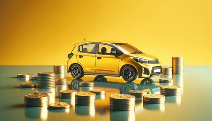 A yellow compact hatchback car, side view on a reflective surface, surrounded by scattered coins, minimalist composition with yellow background