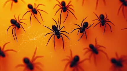 A detailed close-up of black spiders on an orange background, enhancing their eerie presence.