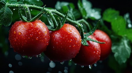 Highlighting their freshness, a close-up of ripe vine tomatoes with water droplets glistening on their surface is captured against a dark backdrop to enhance their vibrant color.