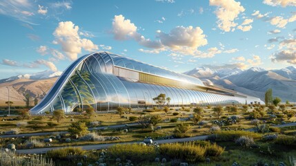 Futuristic Building in Mountainous Landscape