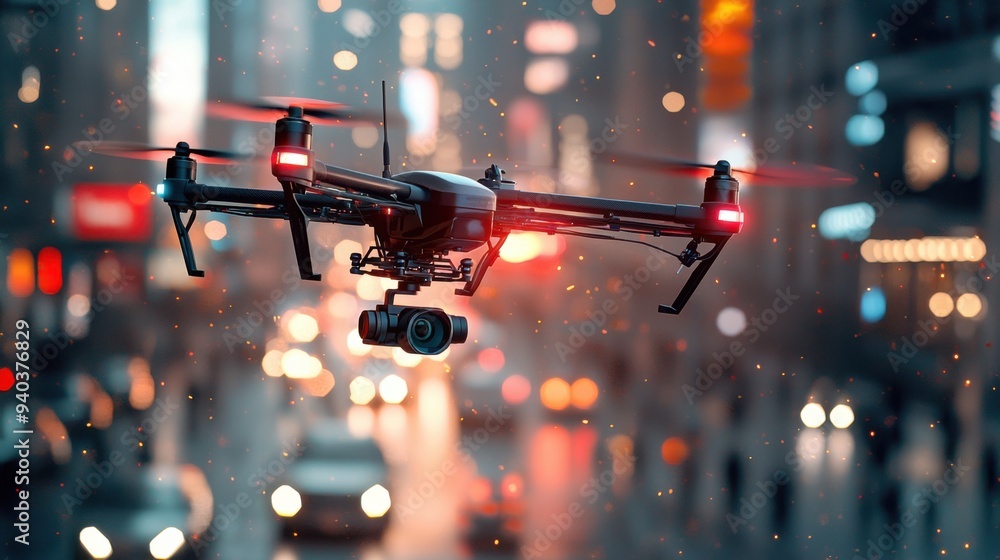 Wall mural A sleek black rescue drone equipped with red and blue lights from a police car, hovering in mid-air with a high-definition camera and microphone attached. The background features a night cityscape