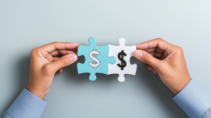 Hands assembling puzzle pieces with dollar symbols, symbolizing financial integration and partnership in business.
