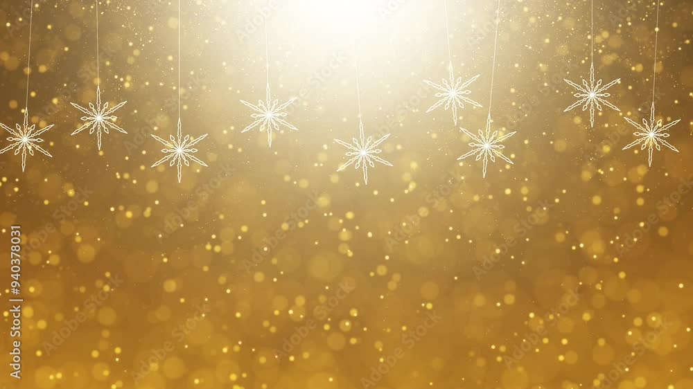 Poster falling golden glitter dots with swinging snowflakes seamless loop background.