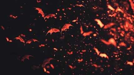 A mesmerizing swarm of glowing bats against a dark backdrop, creating a haunting atmosphere.