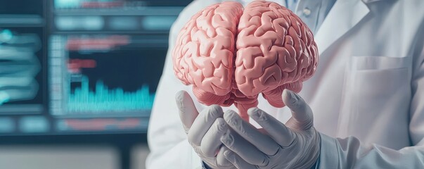 A researcher holds a human brain in a lab setting, showcasing the importance of neuroscience and medical research.