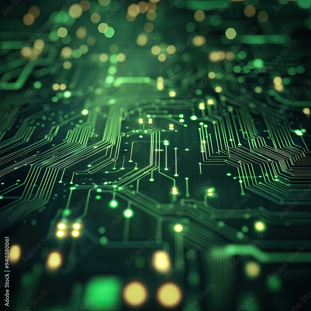 Poster abstract green circuit board design with glowing lights, representing technology and innovation in d