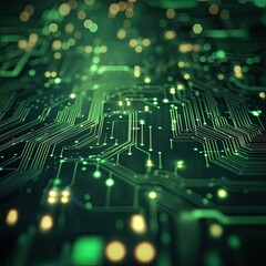 Obraz premium Abstract green circuit board design with glowing lights, representing technology and innovation in digital systems.