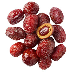 Heap of whole dried Chinese red dates and a halved top view isolate on transparency background