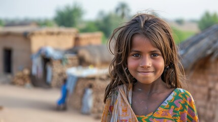 A touching image of the girl smiling shyly at the camera, with her village's simple homes and communal activities visible behind her, showing the strength and spirit of the community despite poverty.
