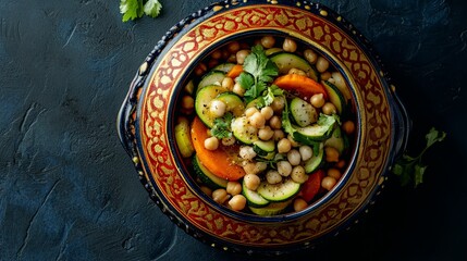A bowl of chickpeas, zucchini, carrots, and parsley in a decorative bowl on a dark blue background.