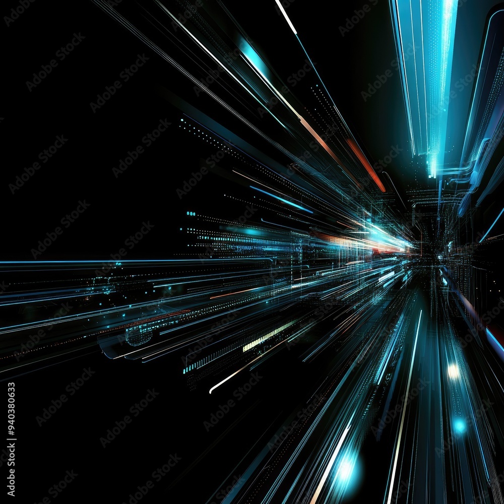 Poster a dynamic abstract image portraying fast movement with blue light streaks on a dark background, evok