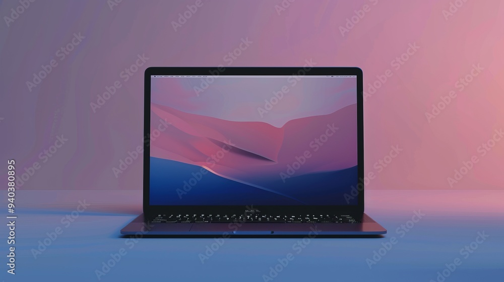 Poster mockup of open laptop with customizable screen on minimalist workspace, ideal for web design, digita