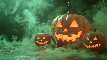 Naklejka premium Three glowing jack-o'-lanterns amidst eerie green fog.