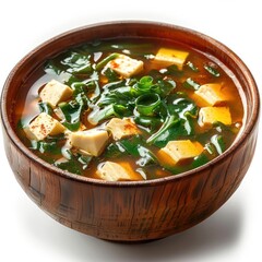 A bowl of soup with tofu, spinach, and ginger root.