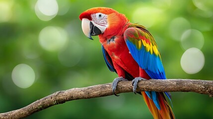 Obraz premium A scarlet macaw perches on a branch, its vibrant red, blue, and yellow feathers contrasting against the lush green foliage.