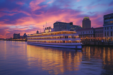 Fototapeta premium Pearl-White Riverboat on Glamorous Casino River Cruise: Luxury Amidst the Waves