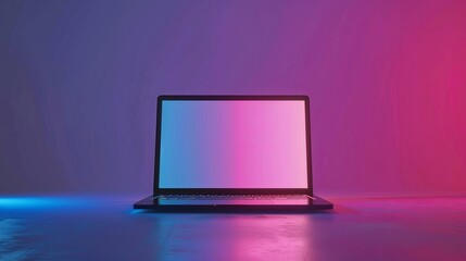 Modern laptop with vibrant gradient pink and blue holographic lights in a minimal office surrealism concept, ideal for futuristic technology, creative workspaces, and digital innovation backgrounds
