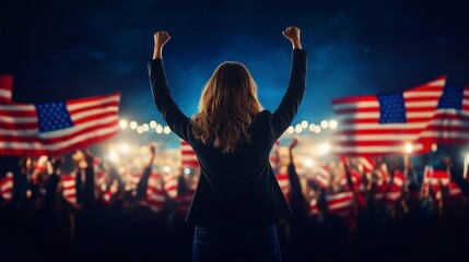 Woman on Campaign Stage Facing Audience with Raised Hand