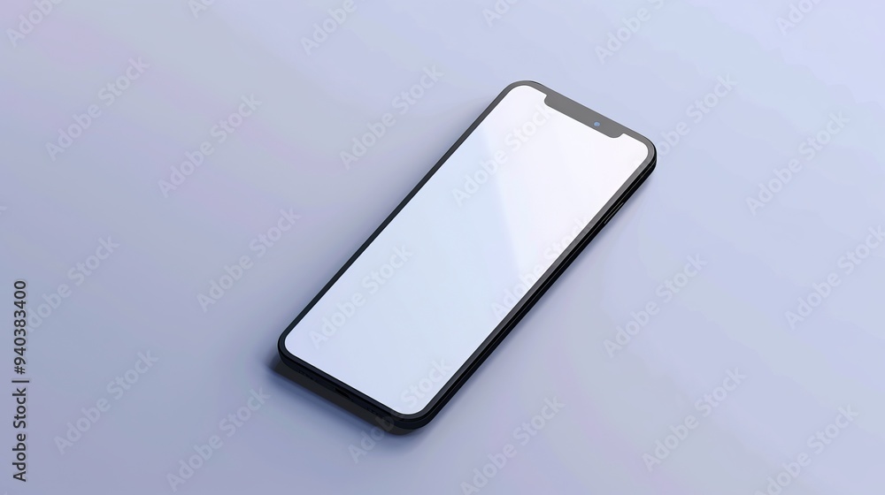 Poster Realistic 3d smartphone mockup in isometric view with blank screen for ui and ux design presentations, modern mobile phone illustration for app and interface demos, perspective layout ideal for device
