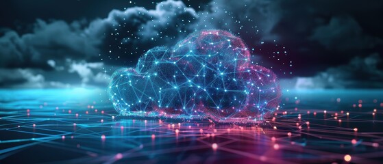 Obraz premium Futuristic Holographic Cloud Computing Network Concept with Digital Connections on Dark Blue Background