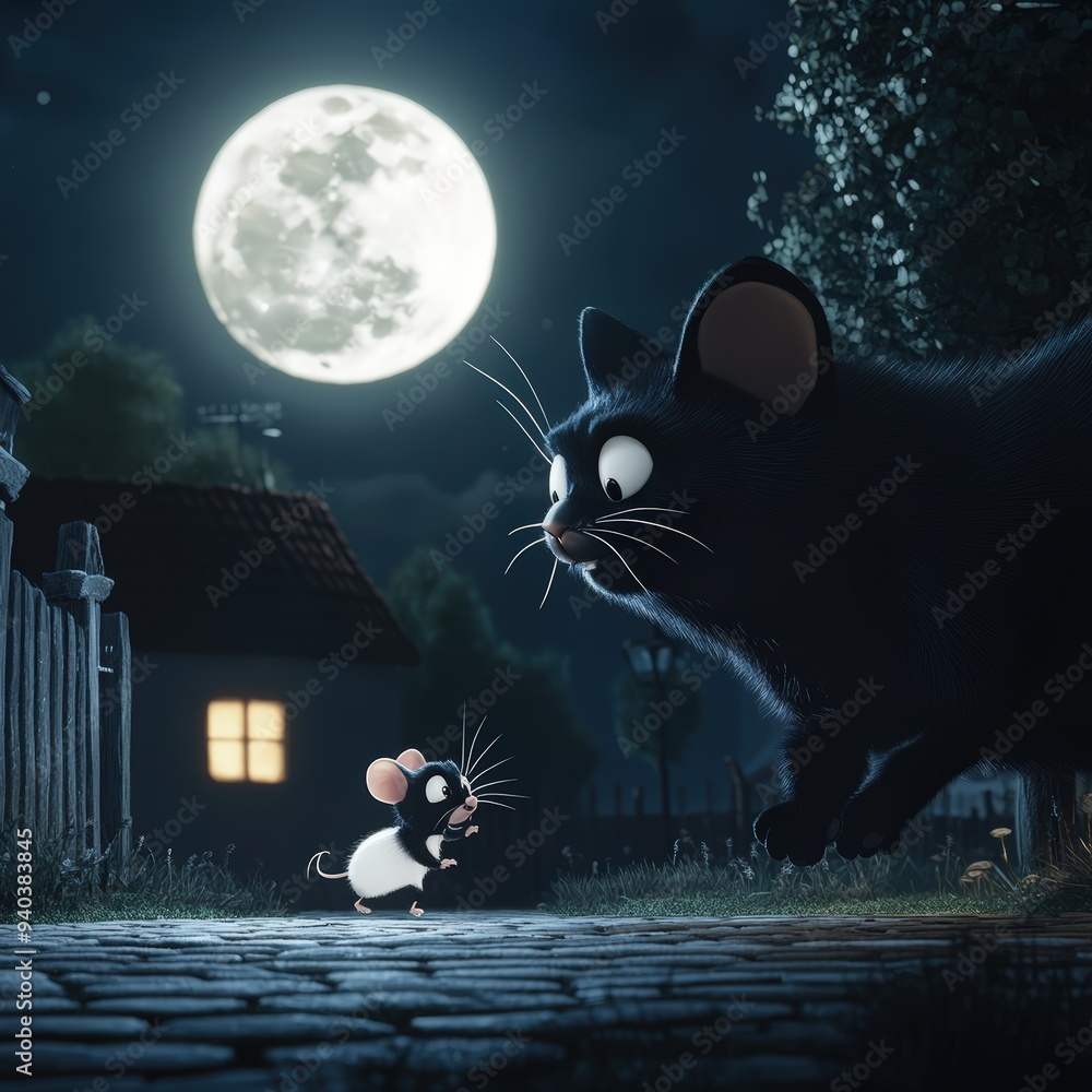 Wall mural 3d cartoon-style scene set at night under the light of a full moon. in the foreground, a small mouse