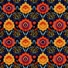 Colorful Embroidered Floral Seamless Pattern with Vibrant Threaded Detailing