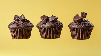 Three Chocolate Cupcakes with Chocolate Pieces on Top on Yellow Background.