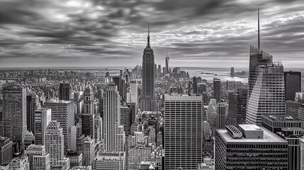 Black and white New York City panorama which brings forward which brings forward