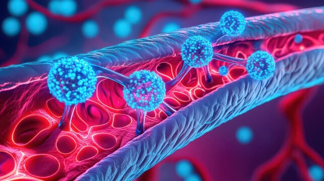 Digital representation of cholesterol molecules in a human artery, futuristic style, glowing holographic elements, neon blue and red hues