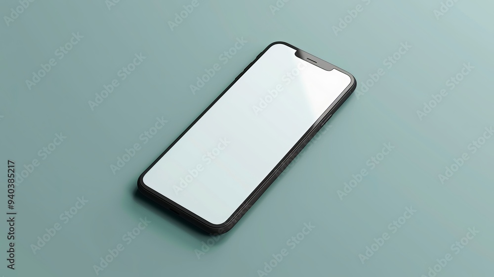 Poster Realistic 3d smartphone mockup in isometric view with blank screen for ui and ux design presentations, modern mobile phone illustration for app and interface demos, perspective layout ideal for device