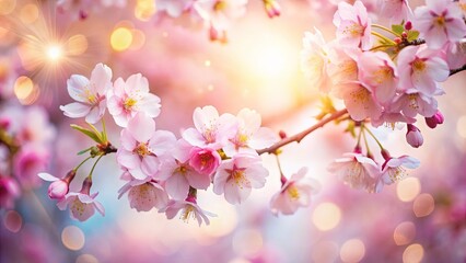 Obraz premium Close-up of cherry blossoms under soft sunlight with dreamy bokeh background, cherry blossoms, close-up, soft sunlight
