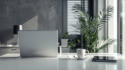 Contemporary office workspace with laptop computer, coffee mug, and essential office supplies on a sleek desk surface - ideal for professional and business environments