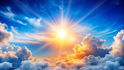 Blue sky with white clouds and a glowing orange sun creating a beautiful landscape, sky, clouds, sun, orange, beautiful