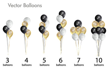 Black and gold foil balloons with confetti. Valentine day or birthday party decoration elements.