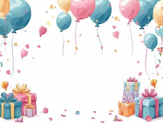 Festive Birthday Vector Banner with Gifts and Balloons, Happy Birthday Greeting Design Template in White Space Background