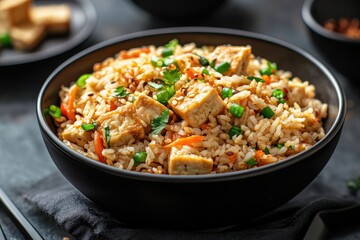 Fototapeta premium Bowl of Fried Rice with Tofu, Carrots, and Green Onions