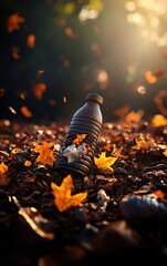 Obraz premium Plastic bottle littered among autumn leaves on forest floor with sunlight filtering through the trees, highlighting environmental pollution.