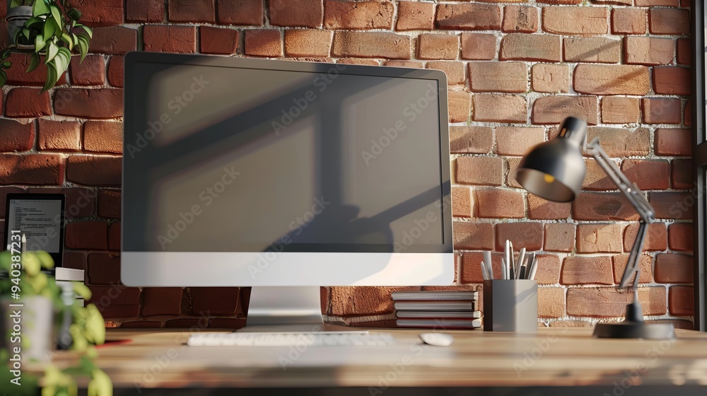 Poster modern workspace with isolated computer screen and empty brick wall background, minimalistic office 