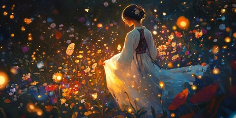 A captivating image of a Korean woman with a glowing, transparent body and dress, walking through a twilight scene filled with swaying flowers and twinkling fireflies. The atmosphere is warm,