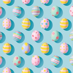 Obraz premium 4. Pattern of Easter eggs adorned with stripes, dots, and dashes in bright pastel colors, pink, yellow, green, and blue, light blue background, flat design, commercial photography, high resolution,