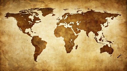 World map silhouette on aged paper background, vintage, historic, cartography, continents, countries, exploration, travel, geography