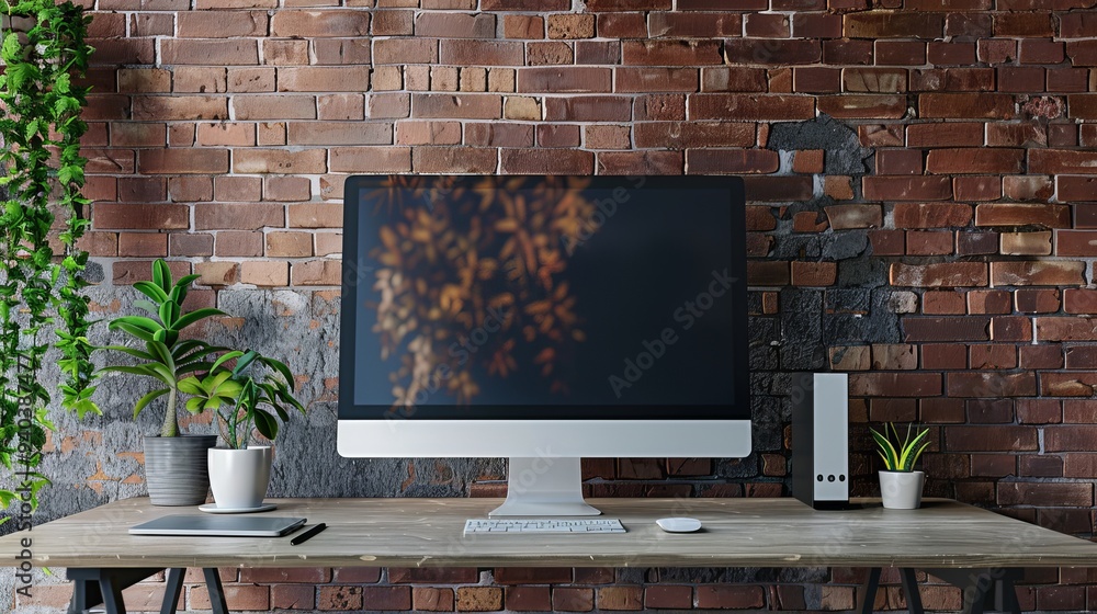 Aufkleber modern workspace with isolated computer screen and empty brick wall background, minimalistic office 