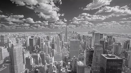 Black and white New York City panorama which brings forward which brings forward