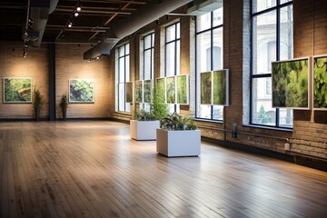 Obraz premium Modern Gallery Interior with Brick Walls and Natural Light