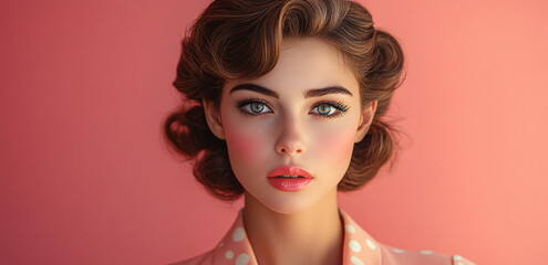 Portrait of a woman dressed as a 1950s movie star for Halloween on a pink background.