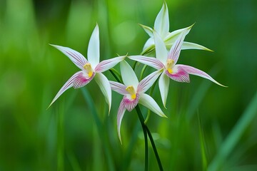 Obraz premium Three white orchids with pink stripes bloom on a green background.