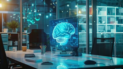 Multi-exposure of modern workspace featuring computer, human brain hologram, and creative brainstorm concept with digital interface and data visualization elements